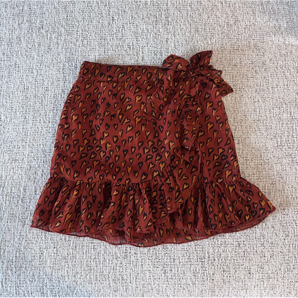 Urban Outfitters Rust Burnt Orange Heart-Print Ruffle Mini Skirt
